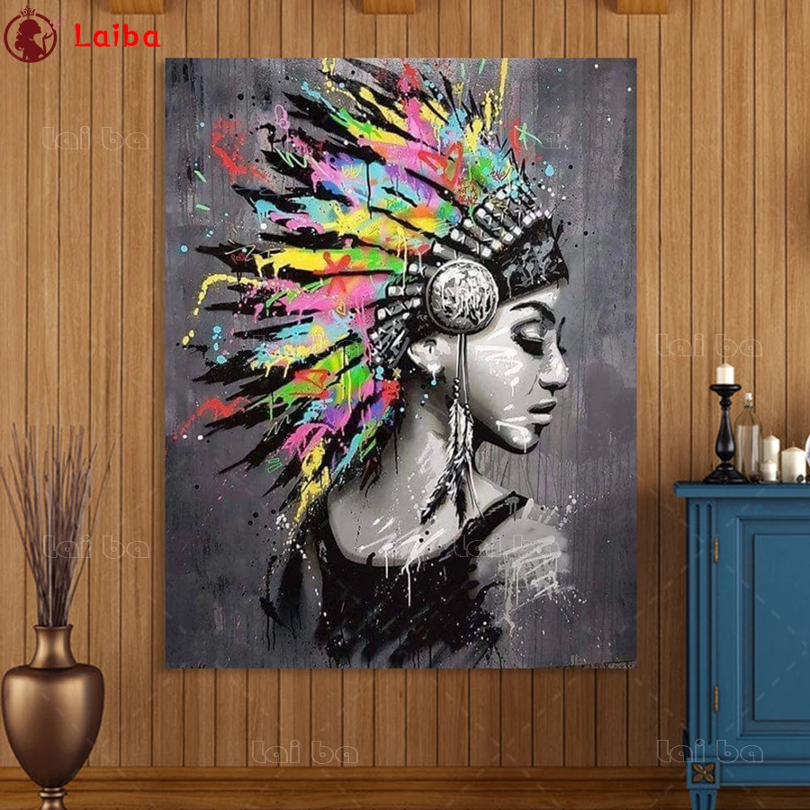 

Фото на заказ, алмазная вышивка, модное искусство, африканская черная женщина, голова пера, алмазная живопись, полная квадратная круглая вышивка