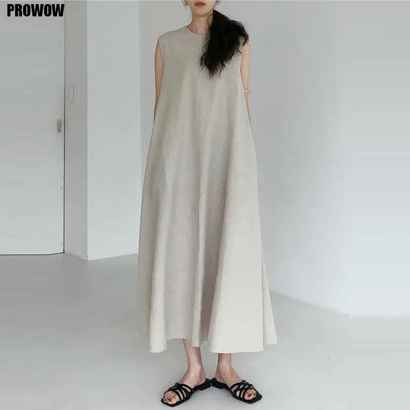 

Plus Size Cotton Linen Dress Women'S Korean Summer Fashion Loose One-Piece Dress 2020 Ladies Sleeveless Chic Holiday Beach Dress