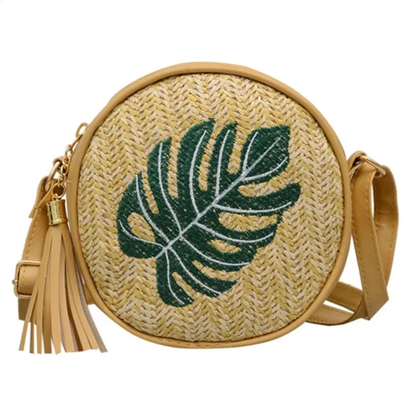 

2021 Pineapple Embroidered Round Straw Bags Women Summer Rattan Bag Handmade Woven Beach Crossbody Bag Circle Bohemia Handbag
