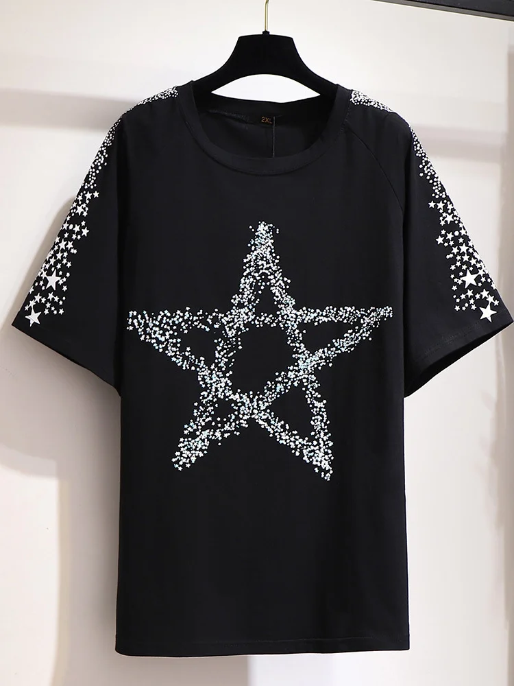 

Plus Size Summer Femme T-shirts Short Sleeve Harajuku Loose Black Tees Shirt Streetwear Big Stars Women Clothing Tops FY