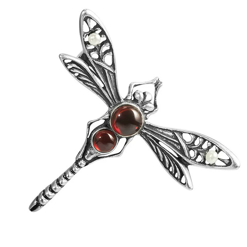 Retro Real 925 Sterling Silver Garnet Dragonfly Pearl Brooch For Women Thai Handmade Vintage Jewelry Flyleaf | Украшения и