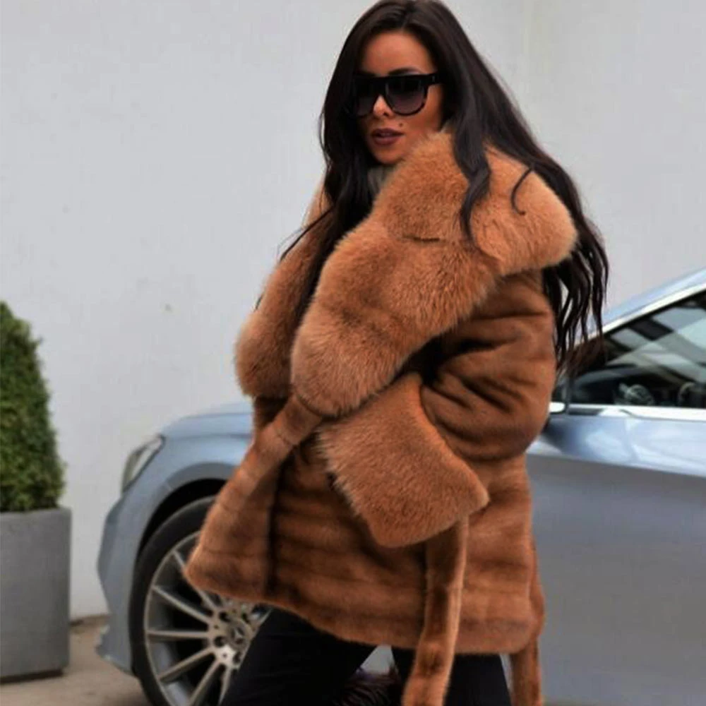 TOPFUR Winter Lapel Collar Real Fur Coat Women Natural Mink Fur Medium Coats With Belt Full Sleeves Coats With Fox Fur Hood