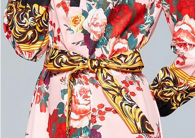

2021 spring Rose Floral print Maxi Dress Women Elegant turn down Collar long Sleeve Flower Print Loose Split Dress With Belt