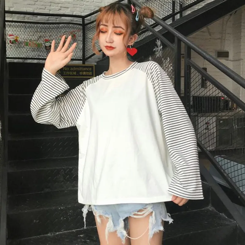 Harajuku Женская Футболка полосатая Повседневная футболка с длинным рукавом Свободная Женская весенне-осенняя джемпер