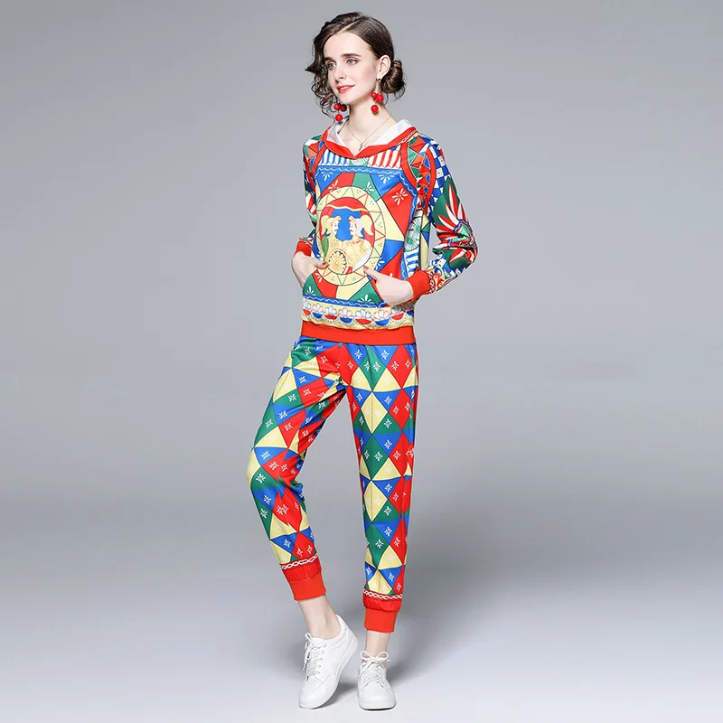 

Женский спортивный костюм из двух предметов, толстовка с длинным рукавом и винтажным принтом, свитшот на раннюю осень