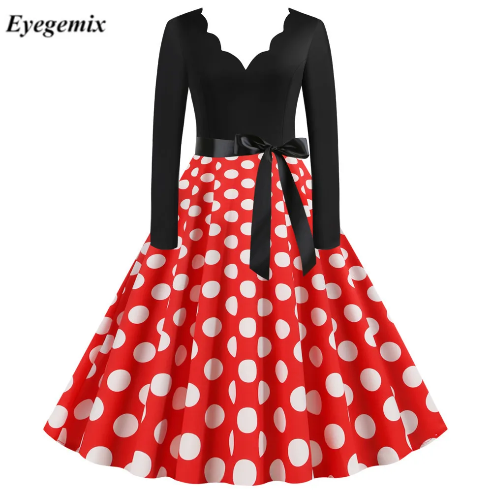 Женское винтажное платье в горошек с V-образным вырезом и длинным рукавом |