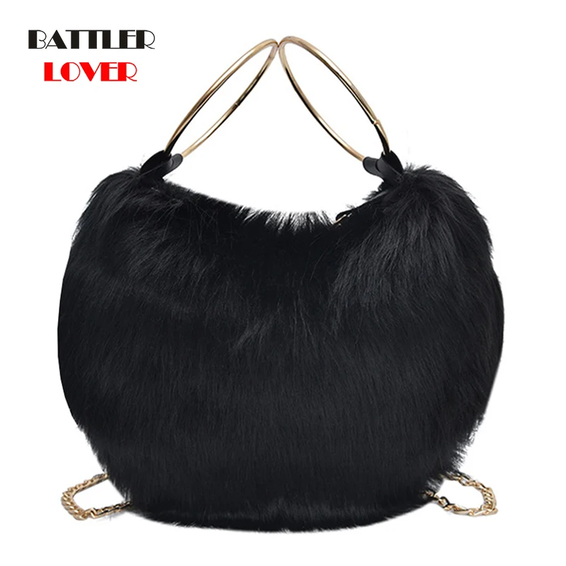 

Luxury Plush Handbag Women 2021 Winter Shoulder Bags Faux Fur Evening Clutch Bag High Quality Ladies Party Chain Crossbody Purse