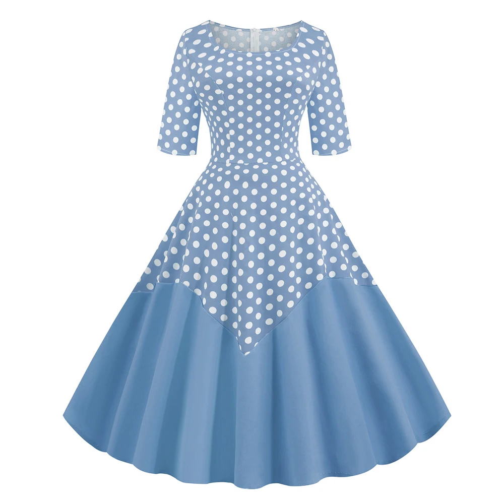 

Summer Womens Half Sleeve Dresses 2021 Casual Vintage Polka Dots Patchwork A-Line Vestidos Plus Size Party Dress QY0905