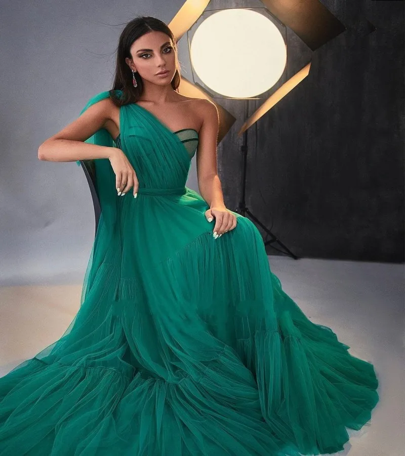 

Зеленые Вечерние платья на одно плечо, тюлевые наряды-трапеция с рукавом-накидкой и оборками, платье для выпускного вечера, вечерние платья