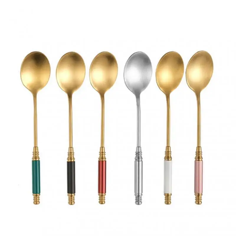 

1pcs Gold-plated Ceramic Retro Small Handle Spoon Stainless Steel Dessert Coffee Milk Stirring Spoon Teaspoon Kitchen Tableware