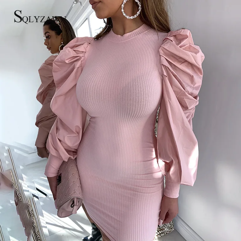 

Rib Striped Knitted Long Sleeve Party Dress Elegant Solid Puff Sleeve Dress Women Sexy Streetwear Ladies Autumn Winter Vestidos