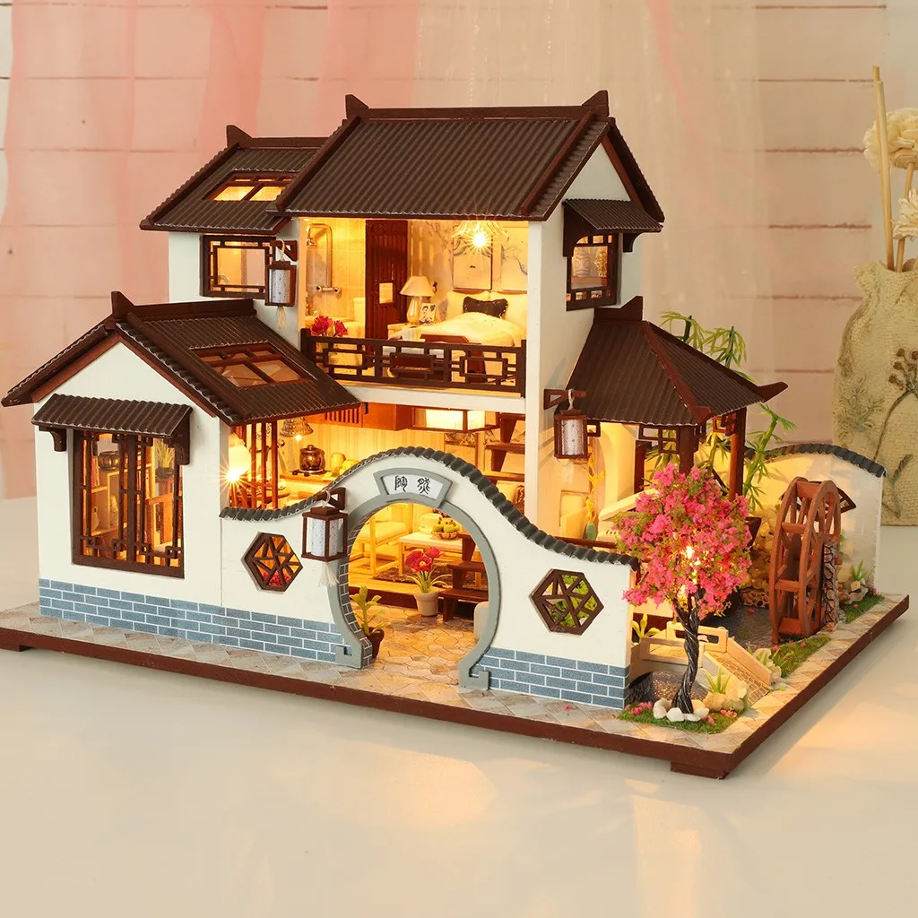 Большой 3d деревянные кукольные домики Миниатюрный Кукольный Домик Diy с мебели светодиодный свет дом Мечта в древнем городе девушки подарок на день рождения