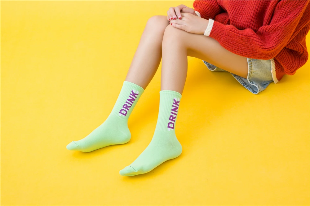 Women's Funny Words Loved Think Drink Sleep Play Lettered Striped Art Socks Couples Skateboard Hipster Street Dance Harajuku Sox