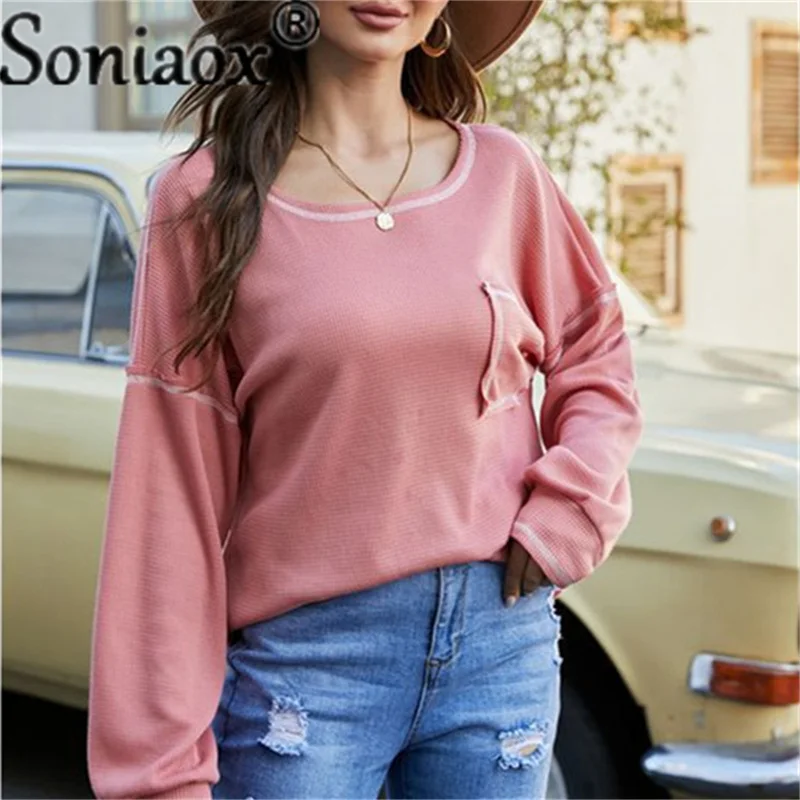 

Crewneck Women's Sweatshirts For Autumn Winter Solid Long Sleeve Top 2021 Pocket Loose Casual Pullovers Tracksuit Vintage Hoodie