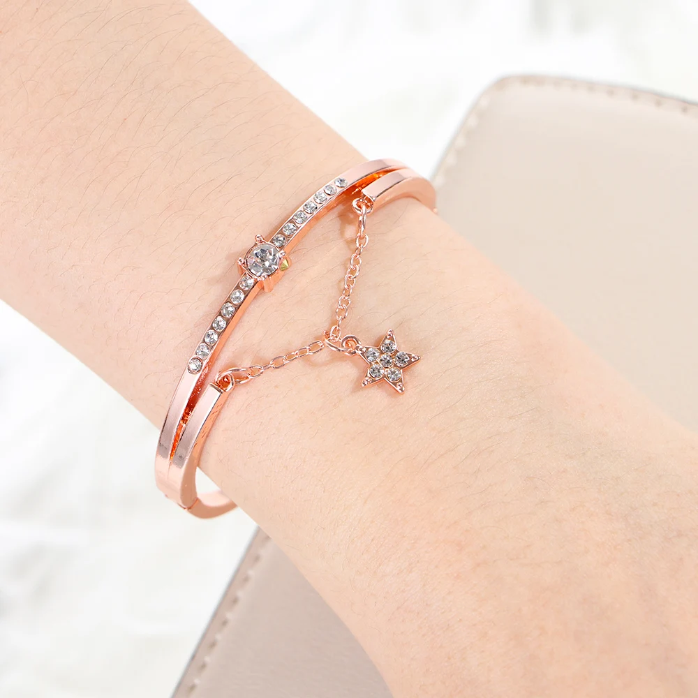 

1PC Luxury Rose Gold Bracelets Stainless Steel Star Dangle Drop Cuff Bangles Forever Love Brand Charm For Women Jewelry Gifts