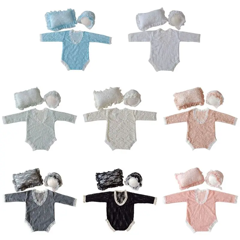 

3 Pcs/Set Baby Infants Lace Hat Pillow Romper Jumpsuit Newborn Photography Props Photo Shooting Costume Outfits