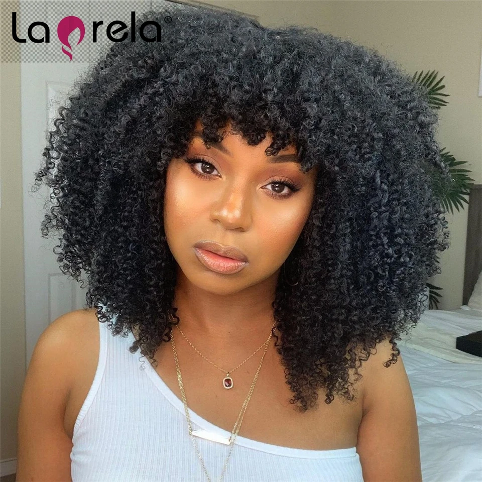 

Natural Color Bob Human Hair Wigs With Bangs Short Peruvian Afro Kinky Curly Wig For Black Women Full Machine Made Wig Remy Hair