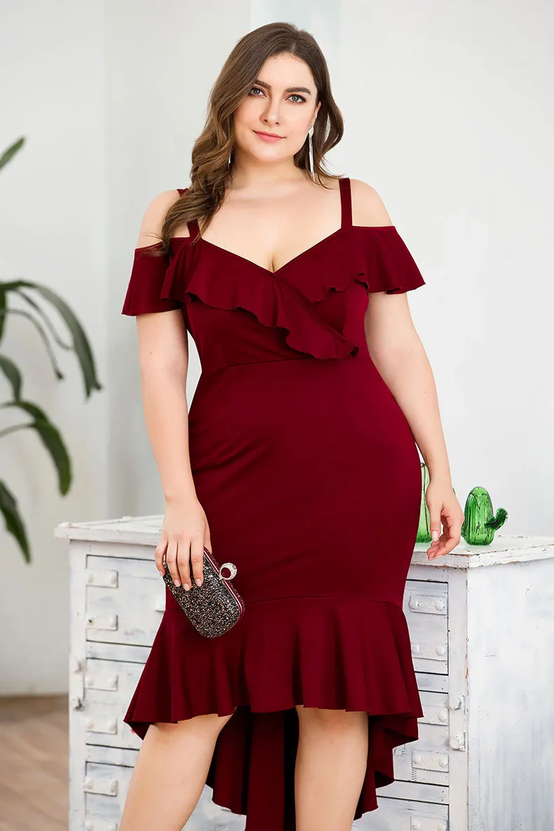 Plus Size Party Slip Dress Spaghetti Strap V-neck Short Sleeve Ruffled Mermaid Maxi Vestido Burgundy Bodycon | Женская одежда