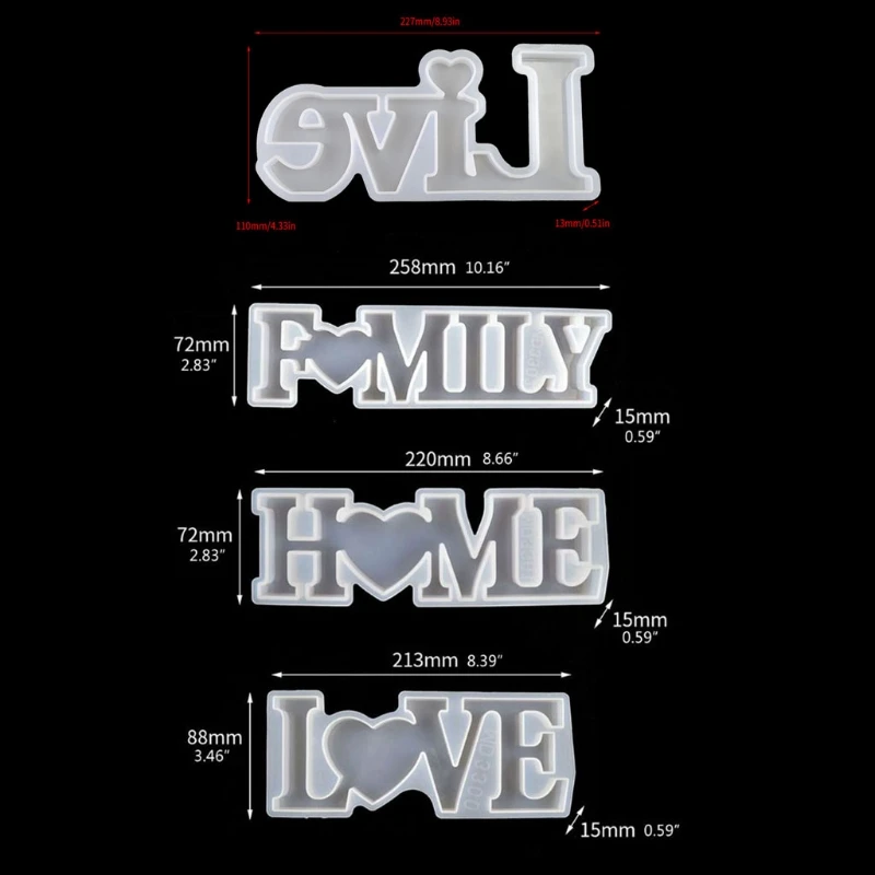 

4 Pack Alphabet Mold Silicone Resin Letter Molds with Love Home Family Live Signs Epoxy Resin Molds DIY Table Home Decor