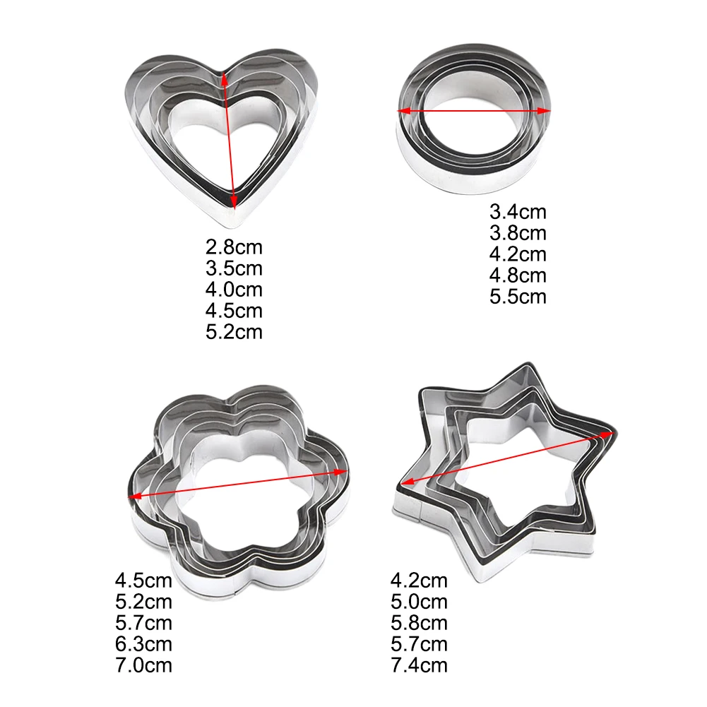 

4 Styles Cookie Cutter 20Pcs Biscuit Mold Pastry Cutter Stainless Steel Star Flower Heart Circle Shapes Decoration DIY Baking