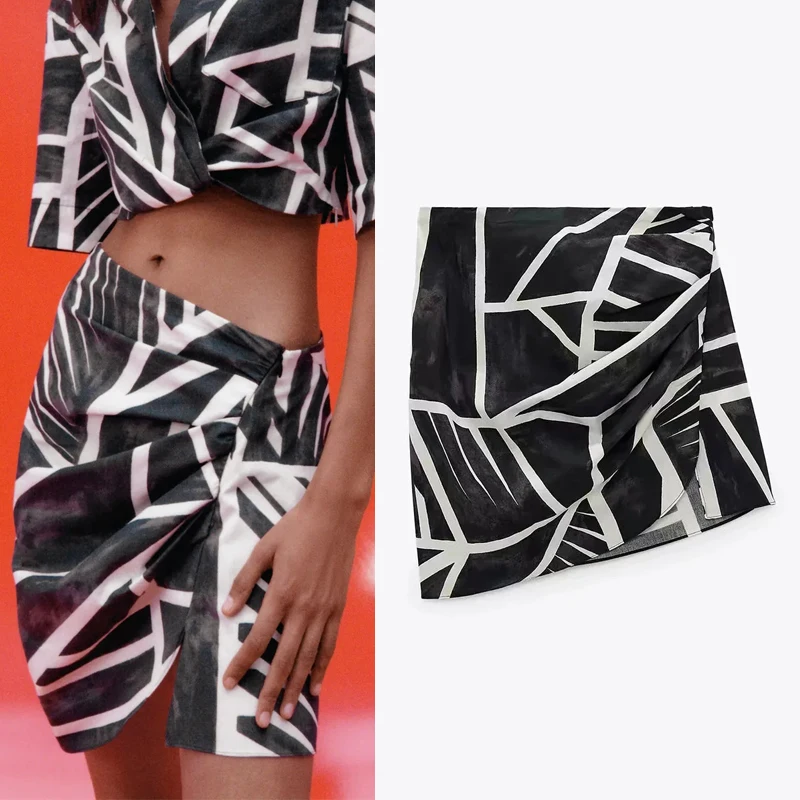 

FAKUNTN Za 2021 Women's Skirt High Waist Mini Skirts Woman Fashion Black Print Gathered Asymmetric Hem Summer Skirt With