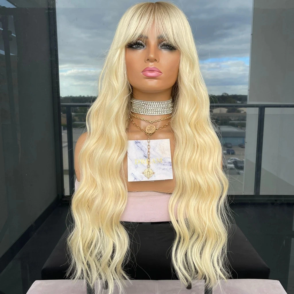 

Ombre Blonde 613 Color Long Wavy Human Hair Bangs Wigs For Women Transparent Lace Front Wig Brazilian Remy Glueless Fringe