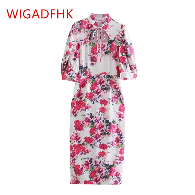 

WIGADFHK2022 Za Женская Весенняя юбка с воротником-стойкой с рукавом три четверти длинная юбка ретро платье с цветочным принтом Vestidos