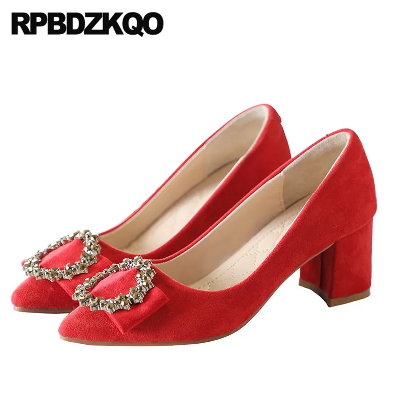 

Rhinestone Medium Heels Size 33 Jewel Dress Pointed Toe Block Women Thick Red Prom Shoes Ladies Crystal Suede 4 34 2021 Chunky