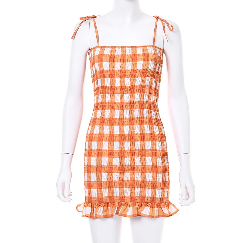 

2021 Summer Women's Collar Slim Dress With Plaid Wood Ear Folding