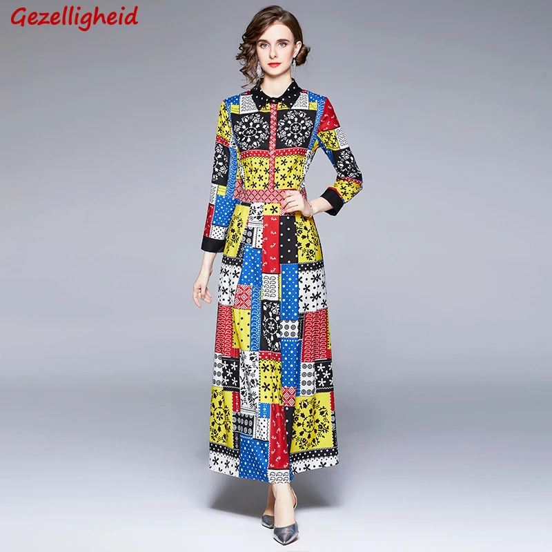 

Gezelligheid Dresses For Women 2021 Spring Autumn Fashion Runway Elegant Long Sleeve Vintage Print Party Prom Holiday Maxi Dress