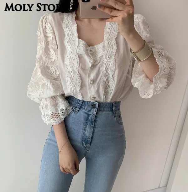 

New Puff Sleeve Lace Shirt White Tops Square Neck Ladies Shirts