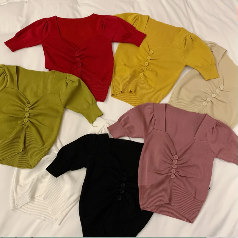 

ZAWAHIKI Elegant Sexy V Neck Women Clothing Spring/Summer 2021 Short Sleeve Slim Bodycon Solid Tops Knitted Pullover T-shirts