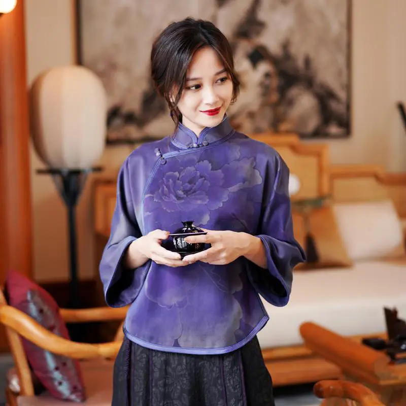

Cheongsam Women's Plus Size Short Dadded Tops 2021 Spring Real Silk Prints Cheongsam Retro Slim fit Chinese Qipao Shirts Woman