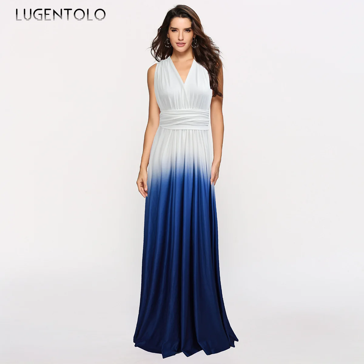 

Lugentolo Women Dinner Party Dress Big Swing Multi Way Multi-Wear Cross Backless Sexy Bandage Gradient Maxi Dresses