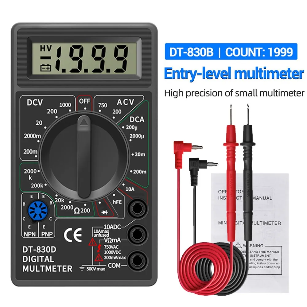 

DT830B LCD Digital Multimeter Voltmeter Ammeter Ohmmeter Multimeter Volt AC DC Tester Meter Electrician Handheld Meter W/ Probe