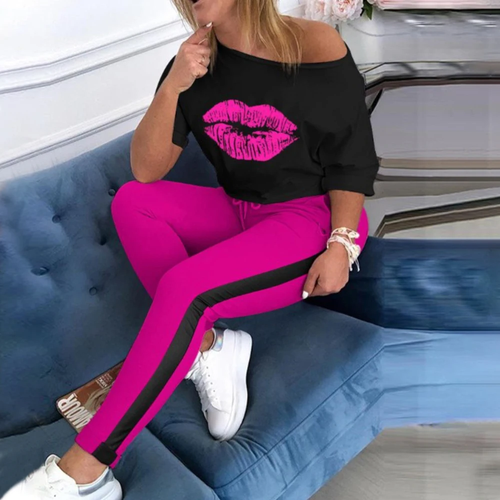

Women Boat Anchor Print Tracksuit Sets Lady 2020 Summer Sexy Off Shoulder 2pcs Set Blouse+Elastic Waist Long Pants Sets 2021