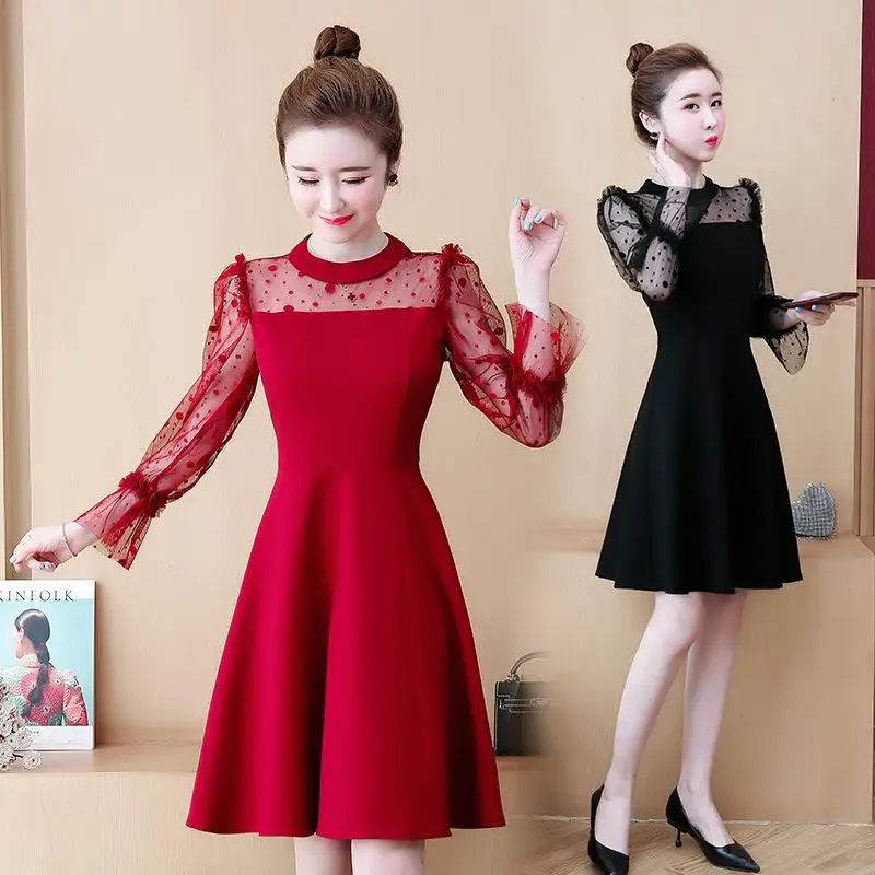 

Winter Dress Women Lace Stitching Mesh Large Size Loose Long Sleeve Vintage Elegant Party Dress Plus Size Female Vestidios 5xl