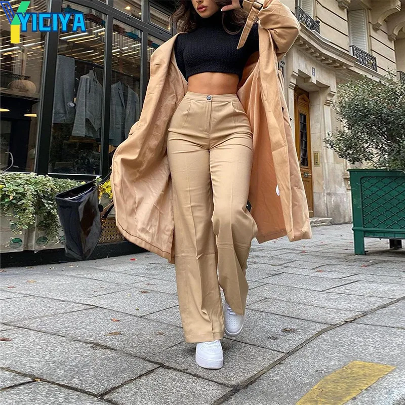 

Женские широкие брюки на молнии YICIYA, однотонные брюки цвета хаки с высокой талией, повседневные уличные брюки на осень и зиму, 2021