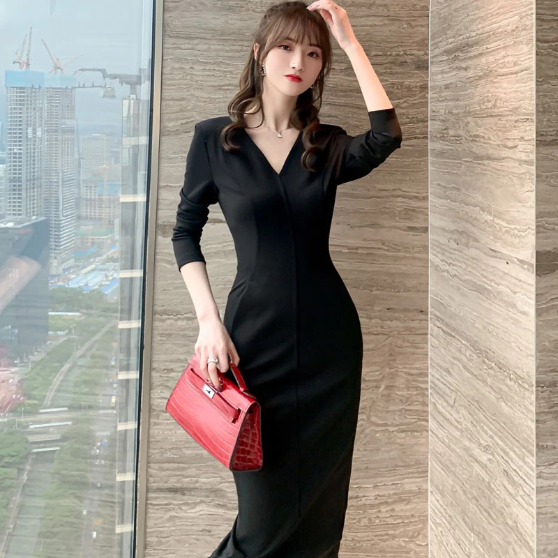 

new arrival fashion women bodycon dress basic elegant temperament office lady v-neck wild slim black pencil split midi dress