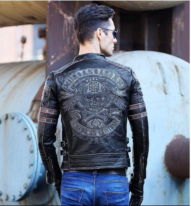 

shipping.Brand clothing Free men skull Jacketsmen's top genuine leather biker jacket.motorcycle homme Fitness