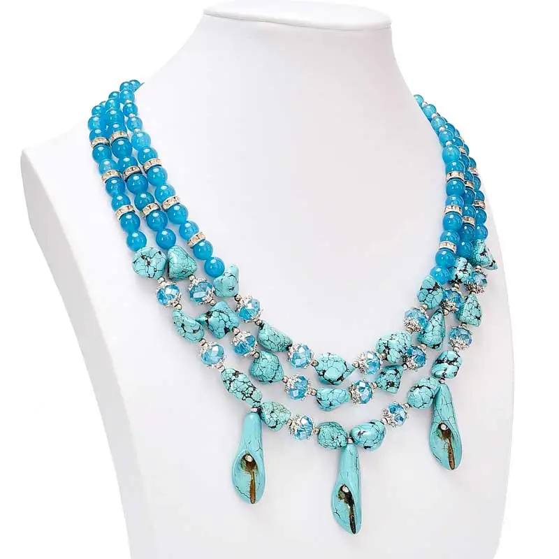 

Special Design Blue Chalcedony 3rows Necklace Trumpet Pendant Handmade DIY Jewelry Women Clothing With Festival Birthday Gifts