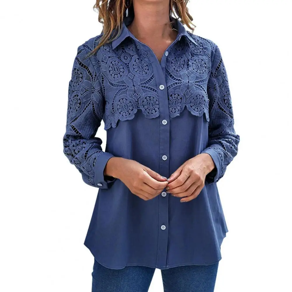 

Turn-Down Collar Long Sleeve Elegant Women Shirt Loose Lace Stitching Solid Color Office Casual Shirt Ladies Clothing Grey XXXL