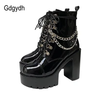 gdgydh 2022 autumn winter gothic women ankle boots fashion metal chain patent leather female short boots punk style ladies shoes