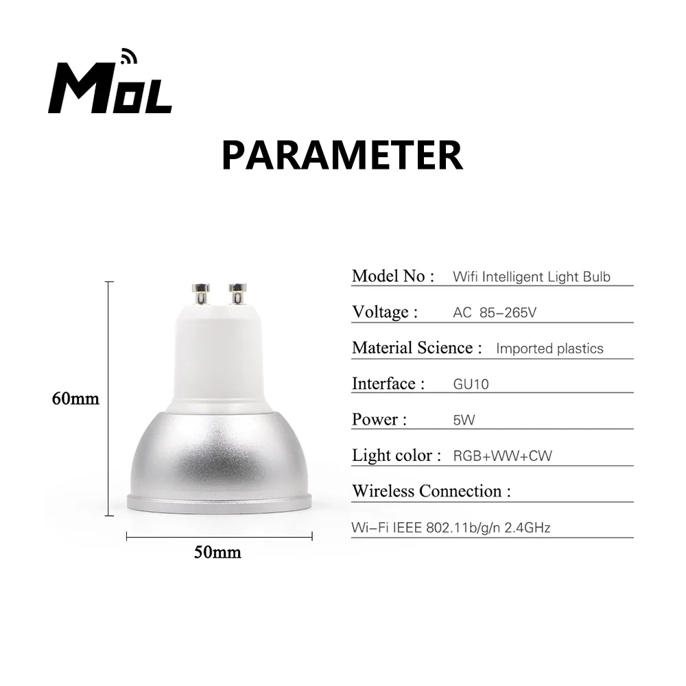 

MOL Tuya WiFi Smart Bulb LED Lamp cup 5W RGB+WW+CW Support Tuya/Google Home/IFTTT Remote Voice Control Led Lamp GU10
