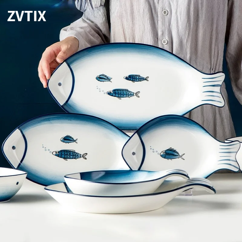 

NordicDaily Ceramic Plate Big Fish Rectangular Shallow Plate Cartoon Tableware Cute White Plates Portable Creative WesternDishes