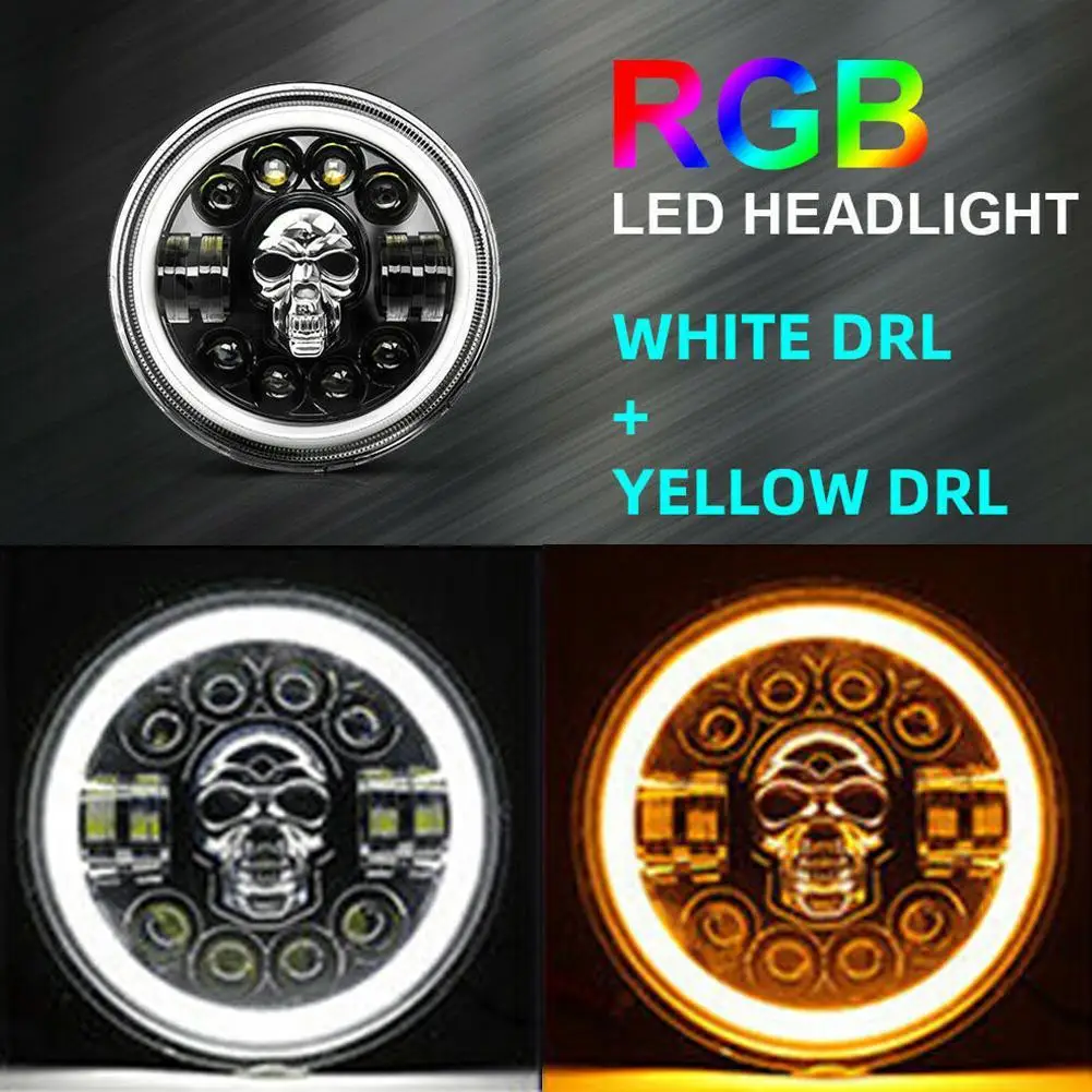 New 7In 12V Skeleton LED Headlights DRL Hi/Lo Beam H4 180W Halo Ring Amber Angel Eye For Jeep Wrangler UAZ Hunter | Автомобили и