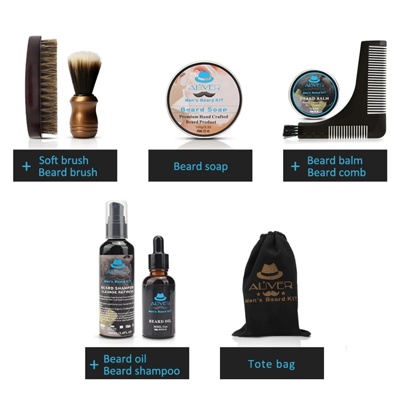 

ALIVER Beard Grooming Beard Growth Kit with Bristle Brush Beard Mustache Wax Beard Growth Oil Comb Shampoo Beard Care Set