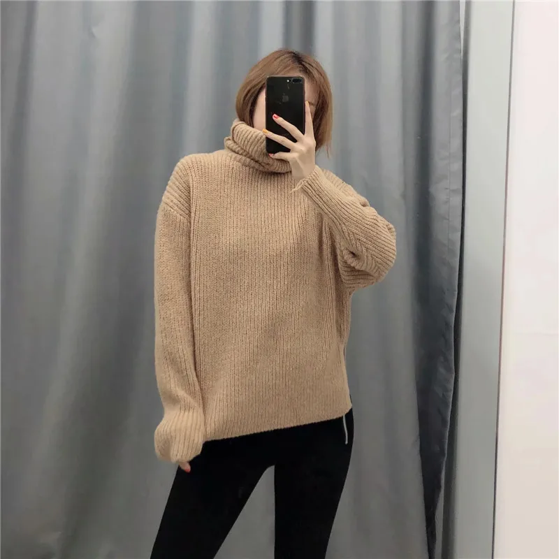 

Autumn Winter Turtleneck Oversized Knitted Sweater Women F90 Long Puff Sleeve Plus Size Sweaters Ladies Casual Pullover
