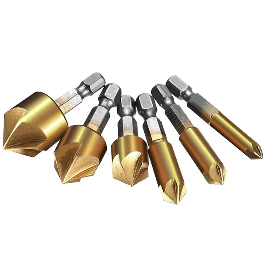 

6pcs HSS Chamfer Countersink Chamfer Drill Bit 1/4" Hex Shank 90 Degree Wood Chamfering Cutter 6mm-19mm