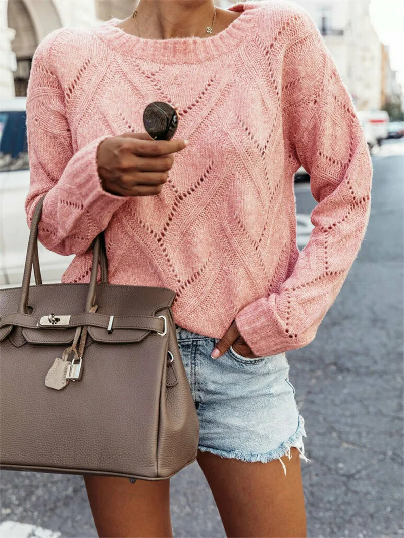 Женский свободный вязаный пуловер джемпер свитер с круглым вырезом и длинным